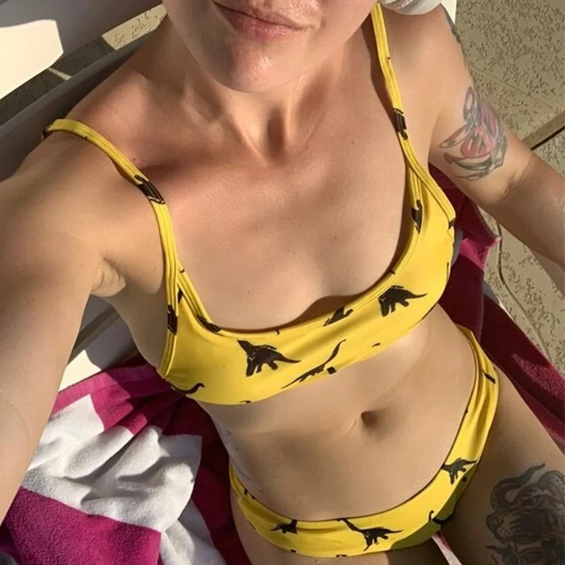 Сексуальный розовый купальник с принтом динозавра женский бикини бандо 2021 пуш-ап