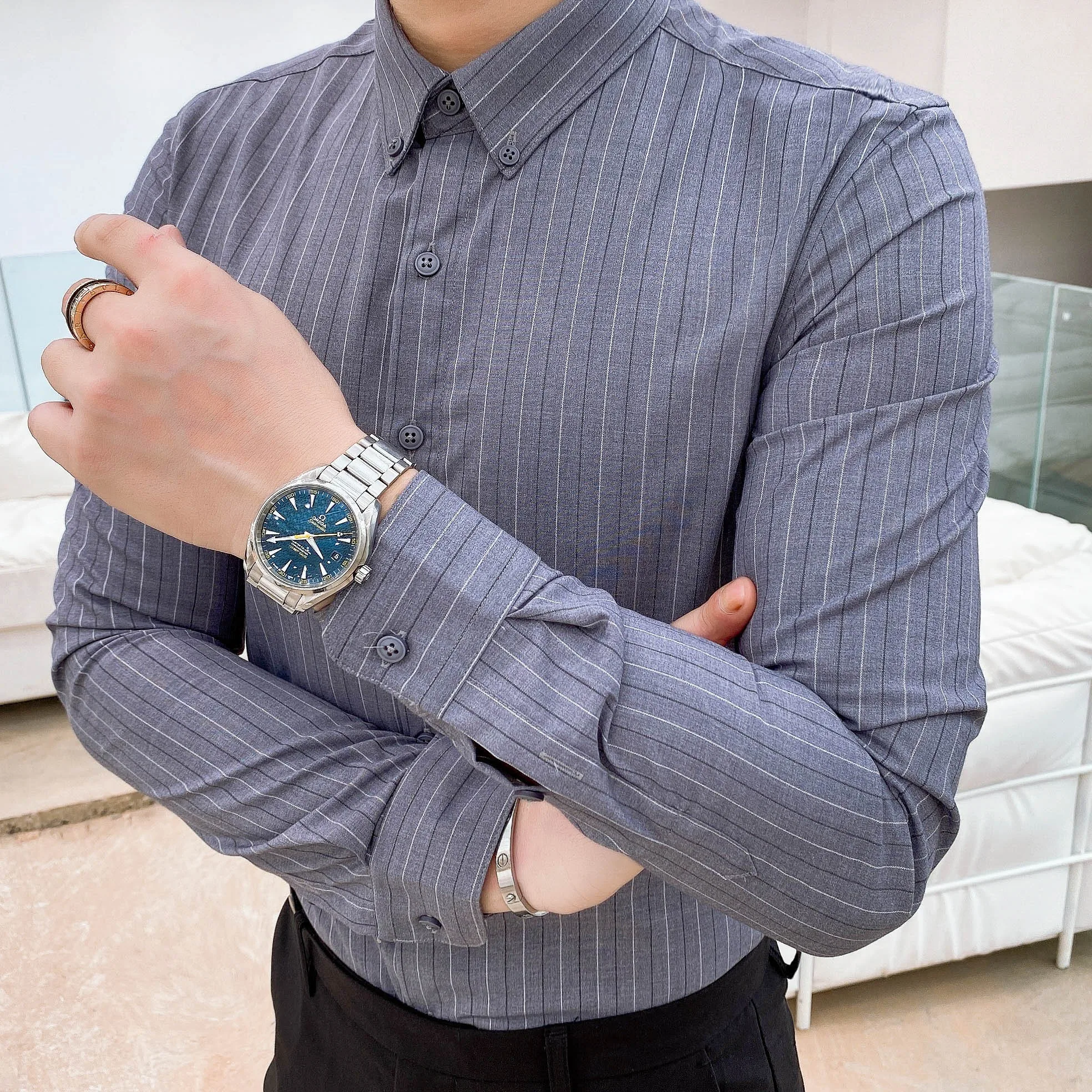 

2021 Autumn Shirts for Men Long Sleeve Casual Shirt Striped Formal Business Dress Shirt Slim Fit Social Streetwear Tops Camisas