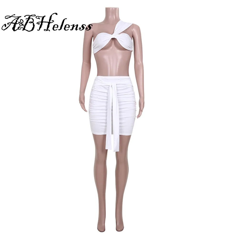 

2021 One Shoulder Bandage Strapless Crop Top Elastic Waist Drawstring Mini Skirts Sleeveless Ruched Clubwear Two Piece Set Women