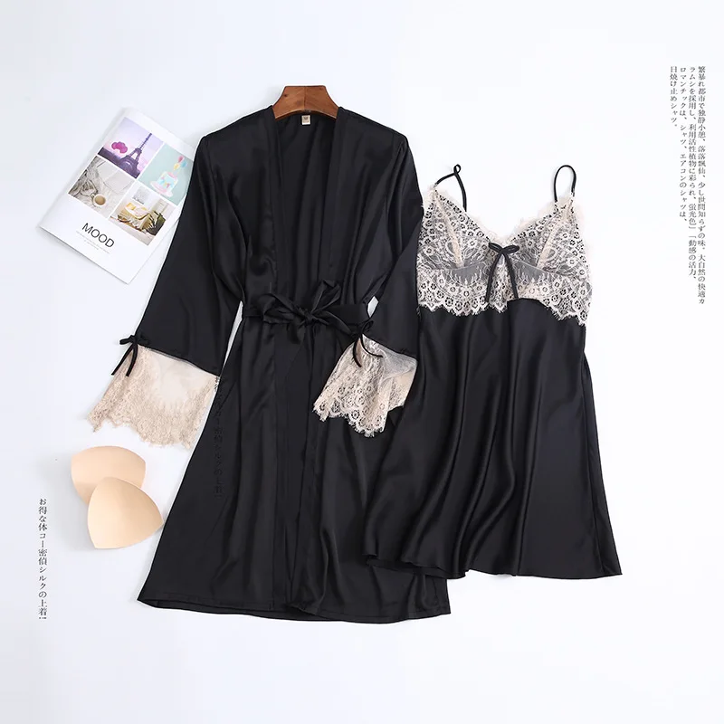 

Summer Nightgown Bathrobe Lady Gown Sexy Nightdress Sexy Home Clothes Women Kimono Satin 2PCS Sleepwear Lace Trim Robe Set