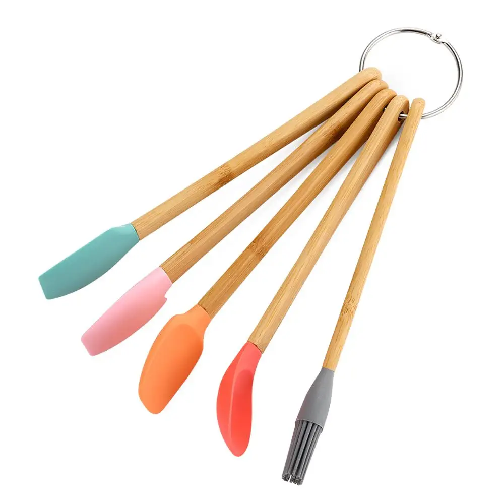 5 Pcs Mini Spatula Spoon Brush Sets Non-stick Silicone Cookware with Wooden Handle Colorful Baking Kitchen Tools |