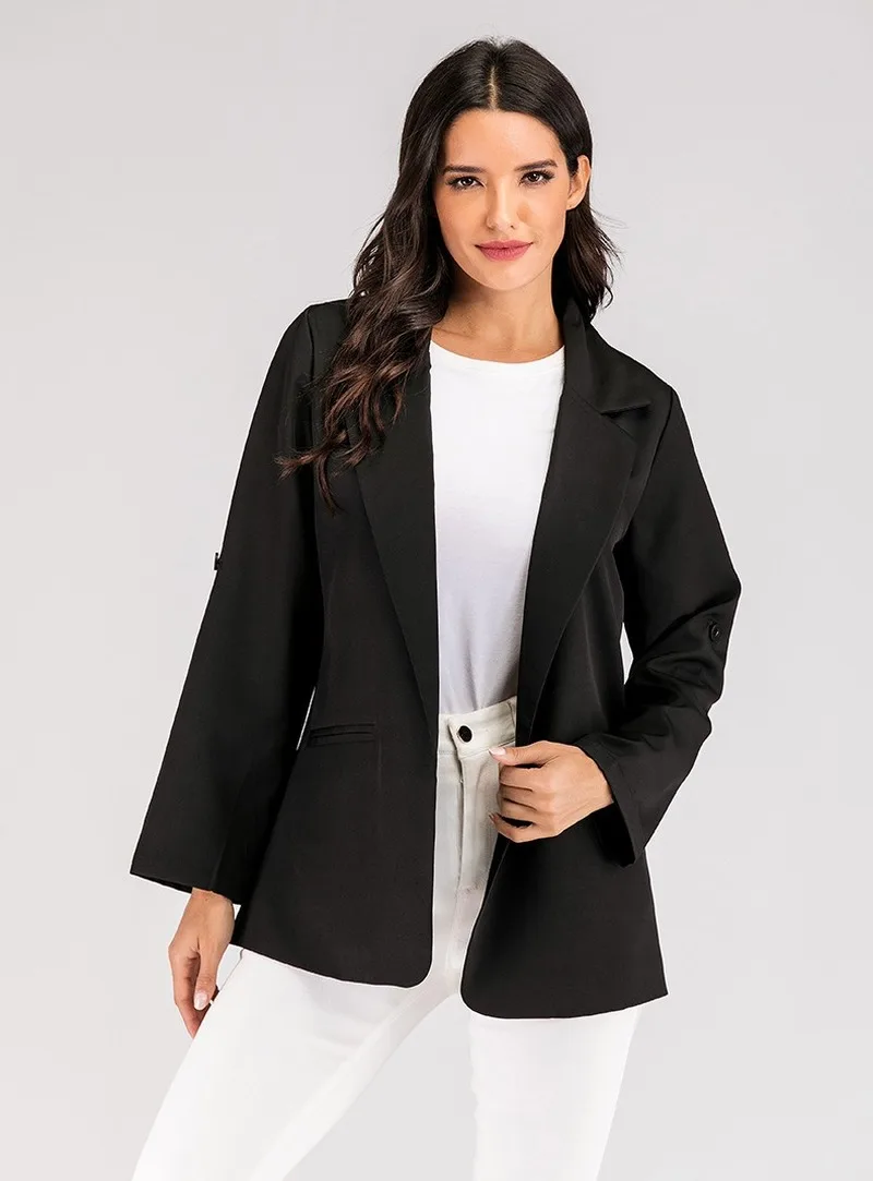 Women Blazers Black Jackets Elegant Work Solid Color Buttonless Suit Office Lady Blazer Suit Commute Casual Jackets  - buy with discount