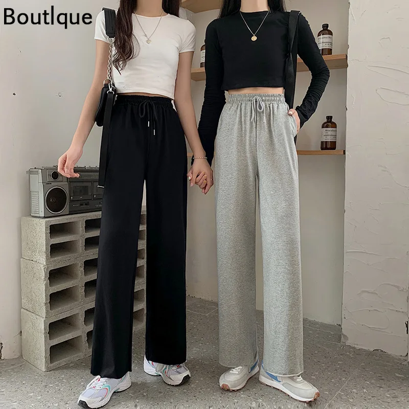 

Осень 2021 новая Корейская версия свободных облегающих повседневных брюк женские прямые спортивные брюки с широкими штанинами и высокой тал...