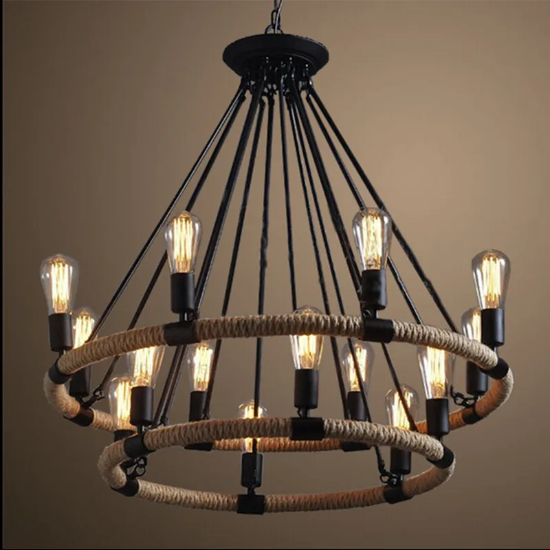 Vintage lights chandeliers lamps Single/double rings Hemp rope indoor lighting  coffee bars sitting room light fixture
