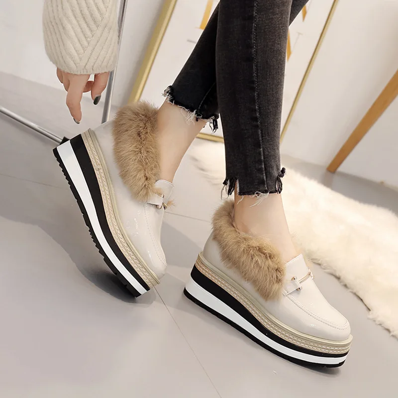 Обувь на толстой мягкой платформе; плюшевые меховые броги на плоской подошве с металлической пряжкой; полосатые лоферы с мехом норки; повседневные Мокасины с круглым носком; 39