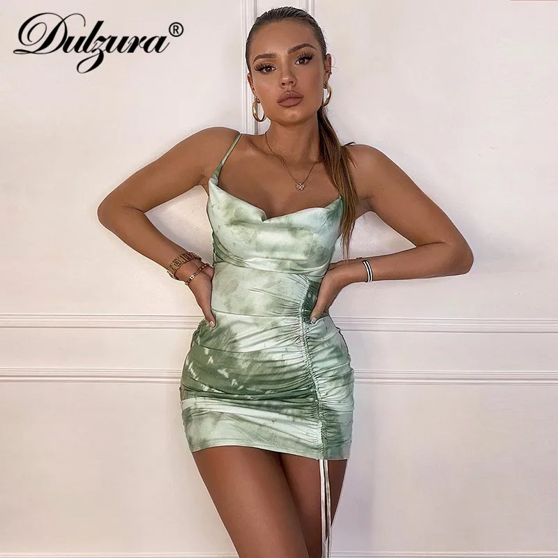

Dulzura tie dye drawstring ruched women mini dress strap stacked elegant bodycon sexy streetwear party club 2020 summer slim