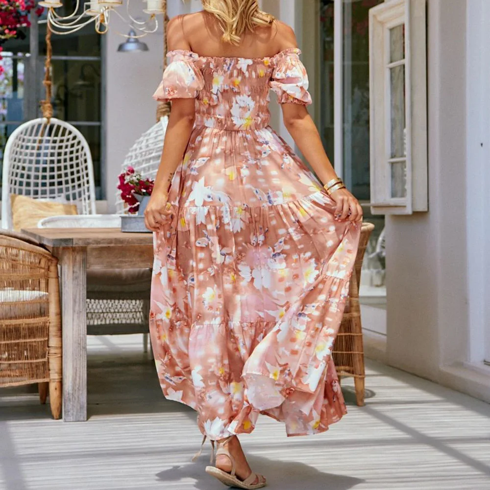

Western Style Summer Dress Loose Casual Fashion Vacation Beach Sexy Chiffon Printing One Shoulder Sleeve Draw Back
