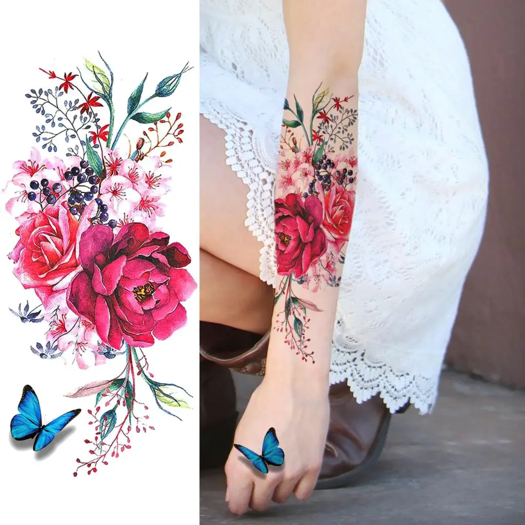Временные татуировки для женщин акварельные пионы цветы колибри Бабочка Далия