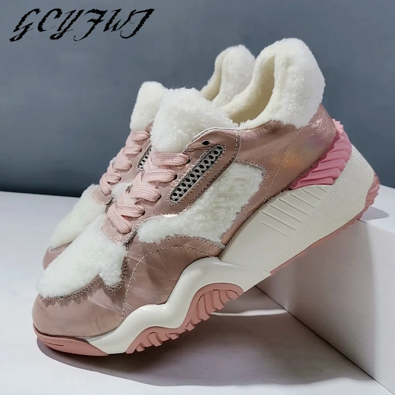 

Women Sneakers 2021 New Autumn Winter Leather Plush In Flat Platform Women Shoes Thick Bottom Lace-Up Increase Zapatillas Mujer