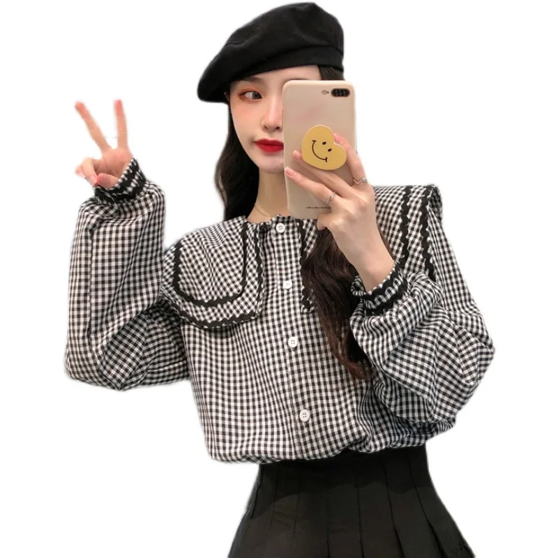 

COIGARSAM French Style Plaid Shirt Womens tops Spring Women shirts Grid 5017