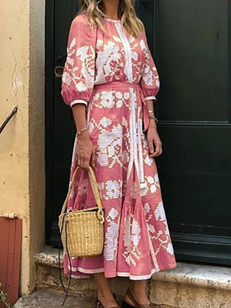 

Duabi Turkey Muslim Printed Floral Dress Women O Neck Half Sleeve Loose Dresses Ladies Patchwork Plus Size Abaya Moroccan Kaftan