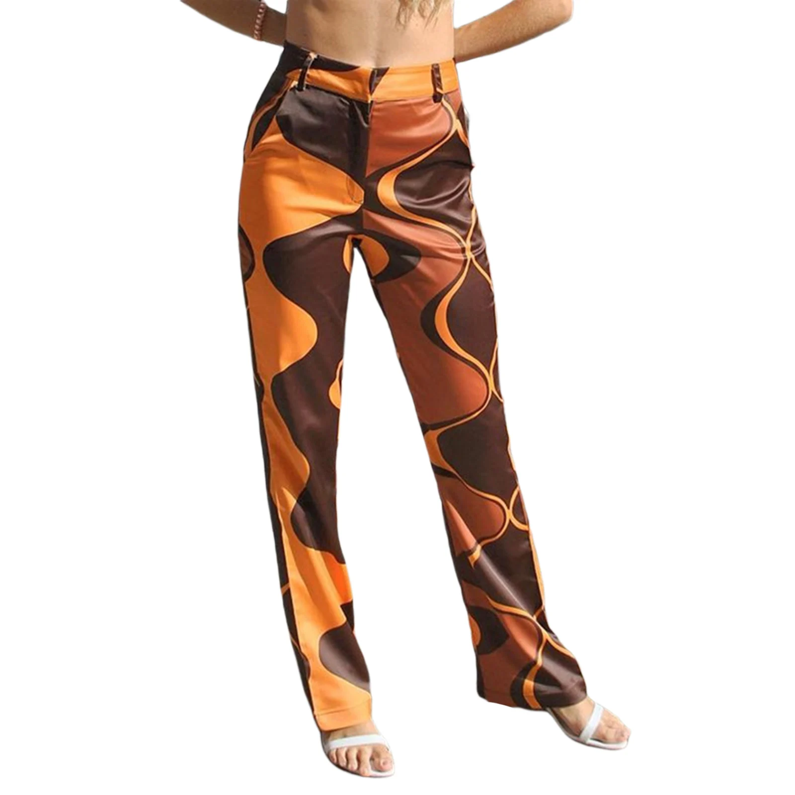 

Women Color Block Trousers, Adults High Waisted Ripple Print Side Pocket Pants with Belt Loop