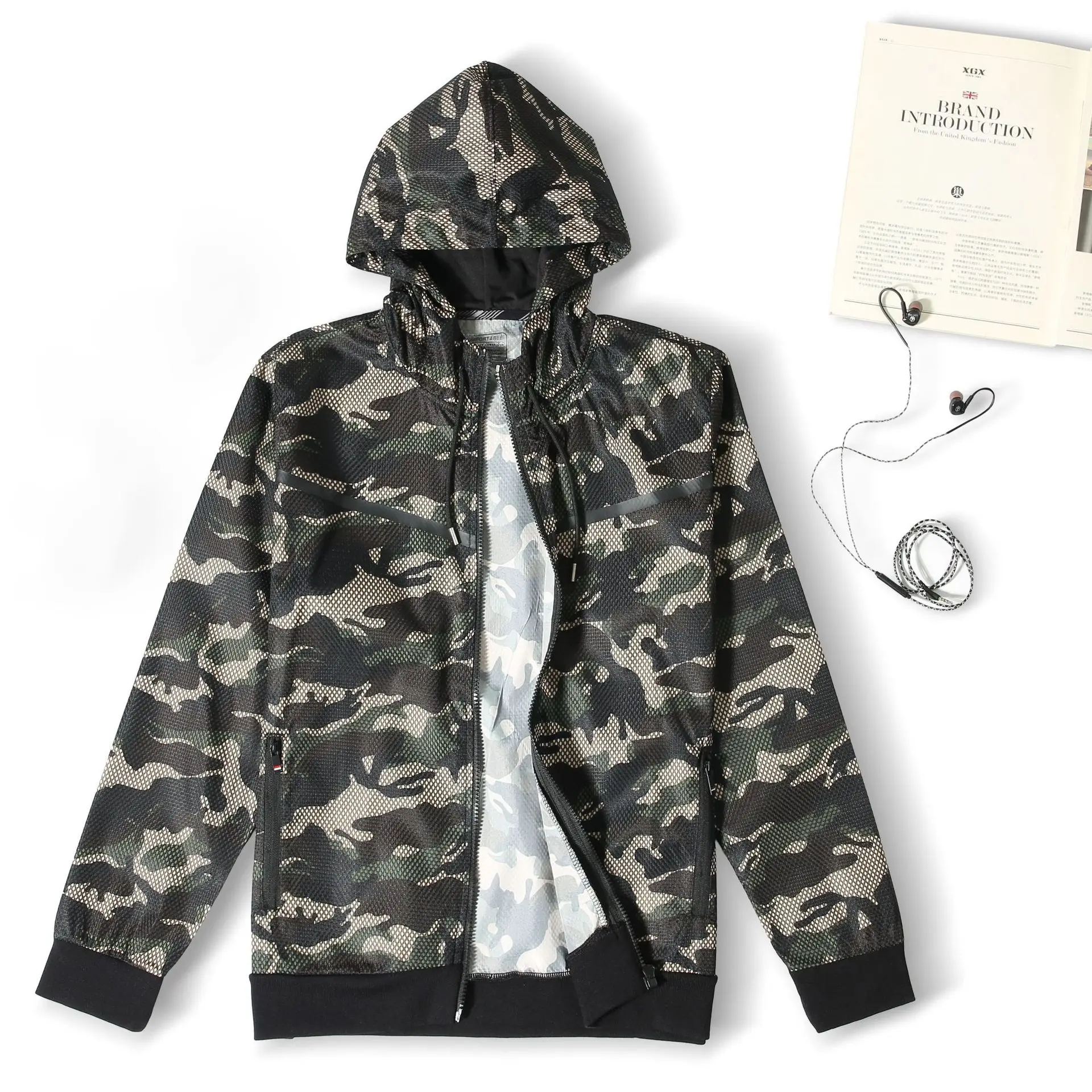 Мужская спортивная куртка камуфляжная Осенняя тонкая Кепка фитнес длинный