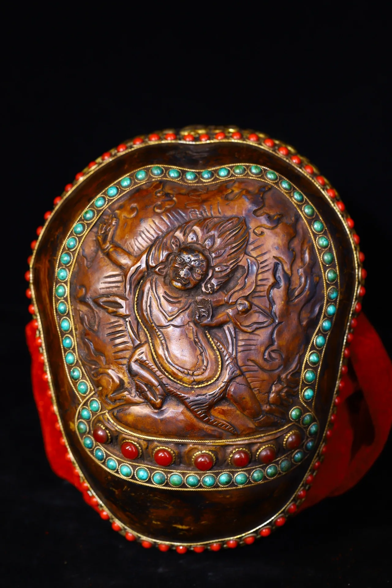 

Home Decor 7"Tibet Buddhism Old silver inlay Dzi Bead Gem Skull head Mahakala statue Bowl Kapala Skull Cup Gabala Bowl