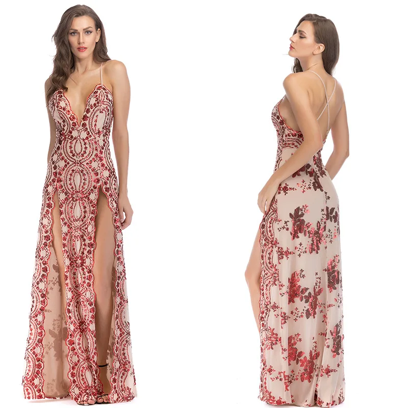 

2021 платье Женская мода с лямкой на шее, сексуальная юбка с завышенной талией, Разделение подтяжки Кружева Вышивка пайетками вечерние летняя...