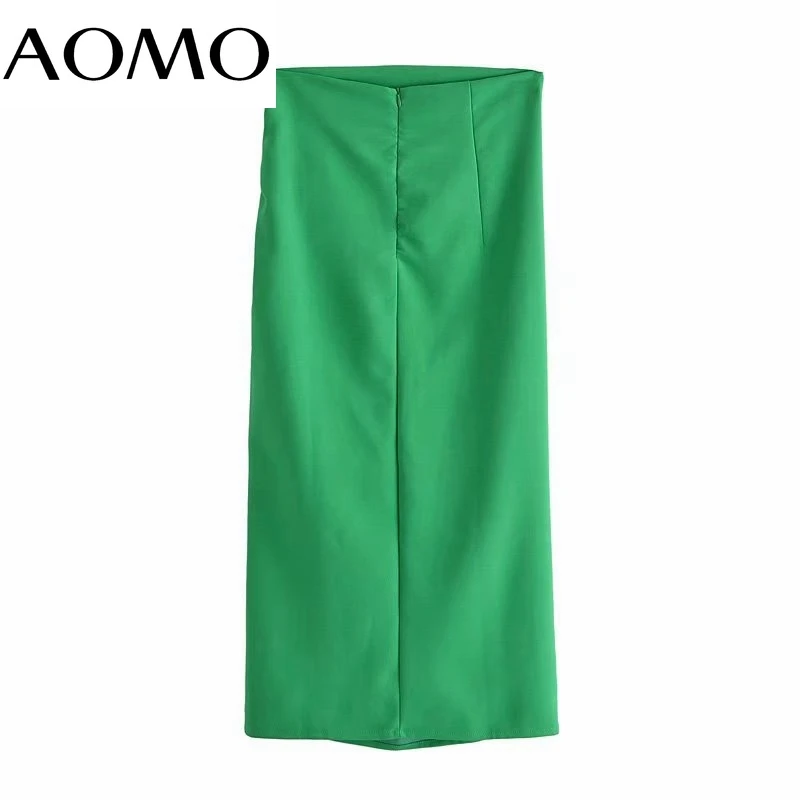 

AOMO Women Green Pleated Midi Skirt Faldas Mujer Vintage Side Zipper Office Ladies Elegant Chic Mid Calf Skirts 3H726A