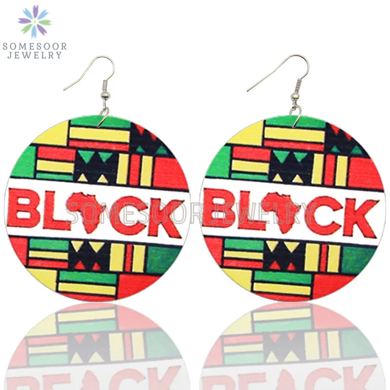 

SOMESOOR African Colors Black Artistic Wooden Drop Earrings Vintage Afro Map Design Printed Loops Dangle Jewelry For Women Gifts