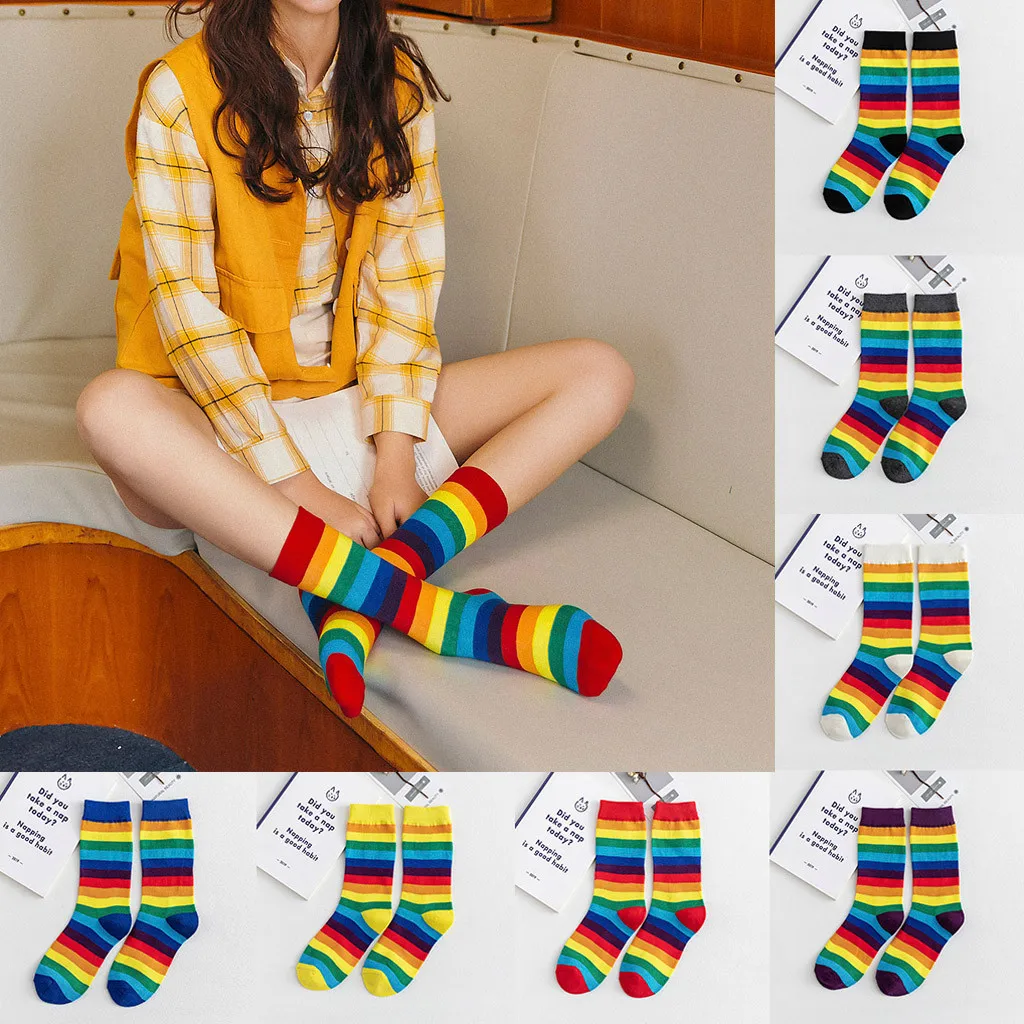 

Fashion Striped Rainbow Socks Women Cotton Ins Trend Cute Tube Socks For Girls Ladies Casual Funny Socks Woman Sock Streetwear