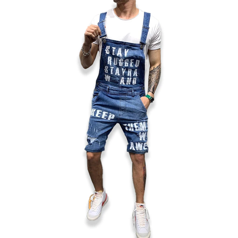 

Summer Denim Jumpsuit men's shorts Hip hop High street Cool Streetwear Slim letter Printed Denim Overalls Knee Length Jumpsuit