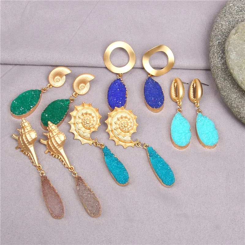 

Druzy Crystal Earring For Women Gold Metal Circle Oval Natural Stone Long Drop Earrings Jewelry Brincos Earring Eardrop Fashion