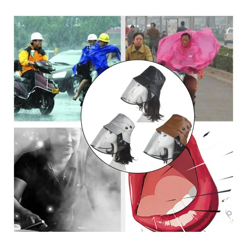 

Women Men Detachable TPU Full Face Bucket Hat Faux Leather Side Slit Buttons Wide Brim Protective Foldable Fisherman Sun Cap