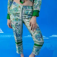 2021 women summer casual straight long pants high waist pants vintage printed female loose streetwear fashion green trousers