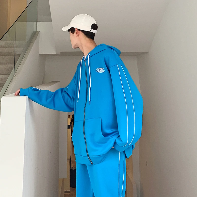 LAPPSTER Tracksuit мужской спортивный костюм осень мужские модные брюки комплект из двух предметов Мужской боковой полосатый Бомбер куртка пальто - Цвет: Lake Blue
