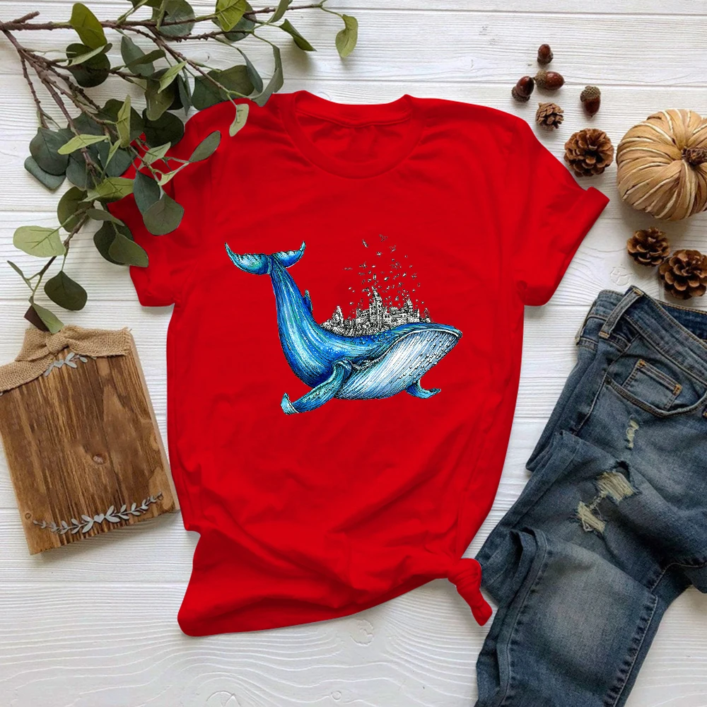 Футболка женская осенняя в стиле Харадзюку с принтом Кита | Женская одежда