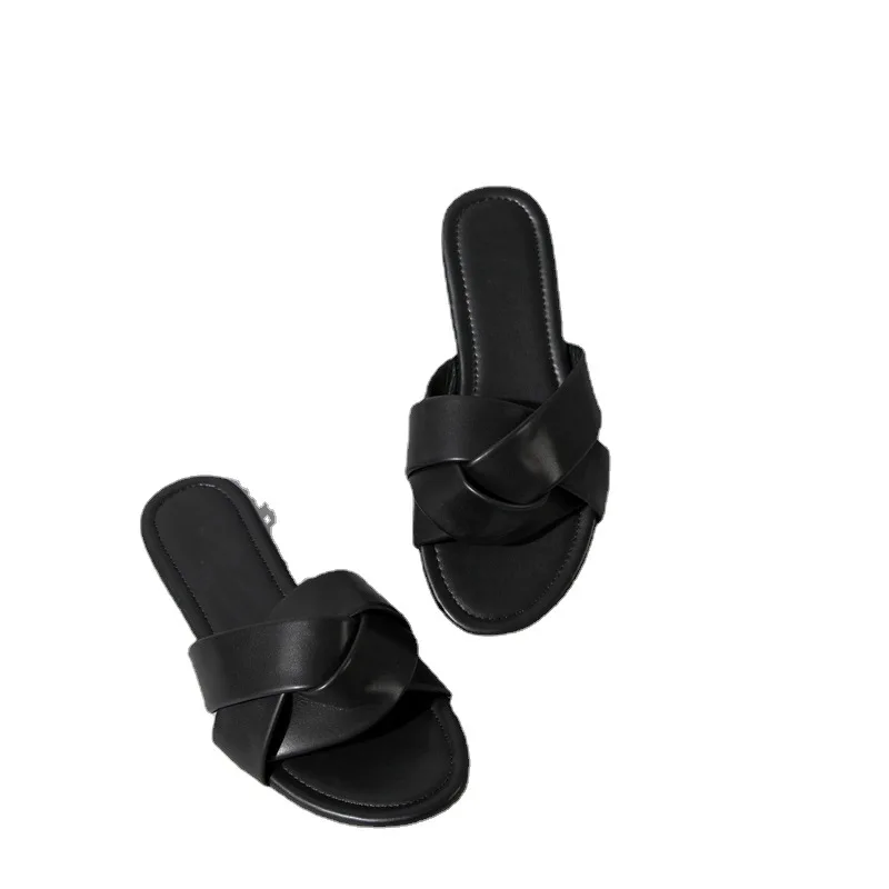 

HOKSZVY Summer Fashion Atmosphere Sandals Slippers Flat Cross Belt Sandals FLats PU Large Size Shoes Woman 35-42 CGB