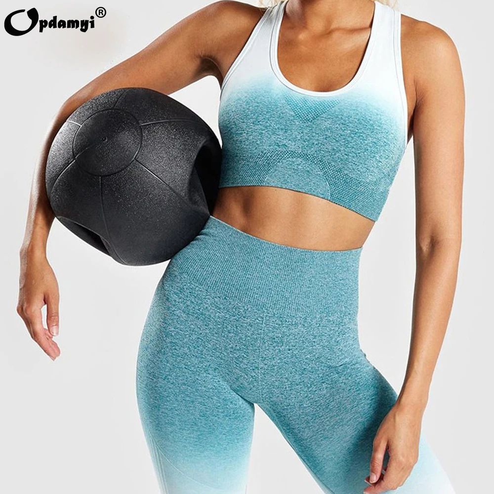 Женский спортивный костюм для йоги Омбре бесшовные леггинсы + короткий рукав