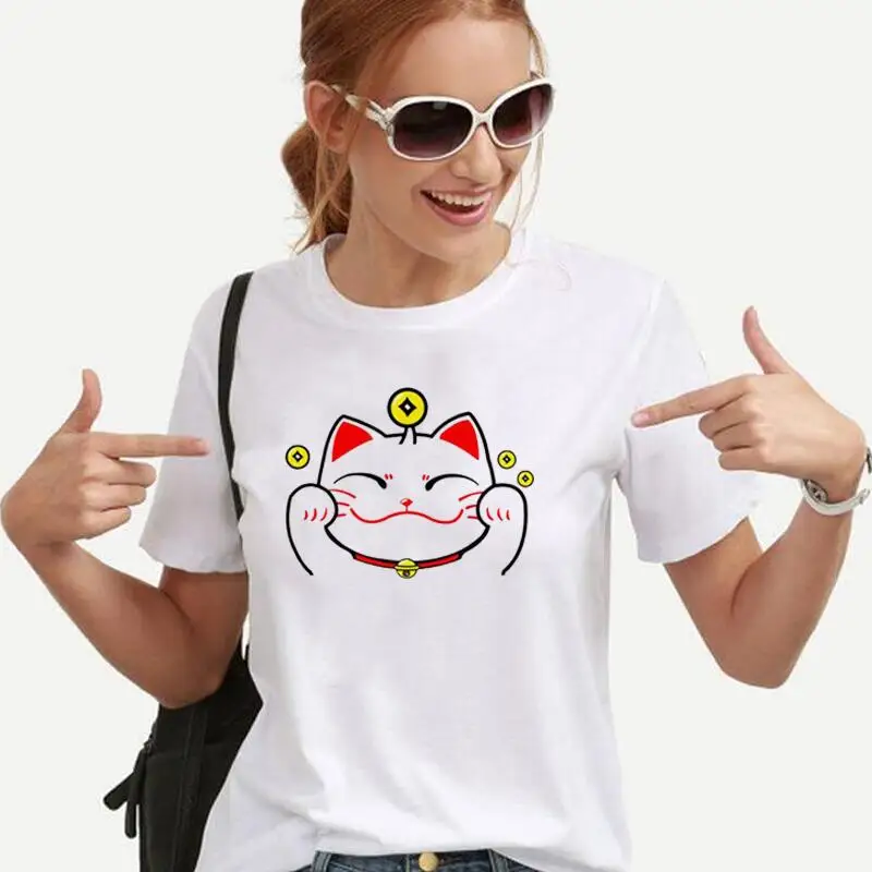 

Summer Short Sleeve Tee Shirt Femme Kawaii Lucky Cat Print T Shirt Women Tops Funny Casual Tshirt Harajuku Shirt Camiseta Mujer