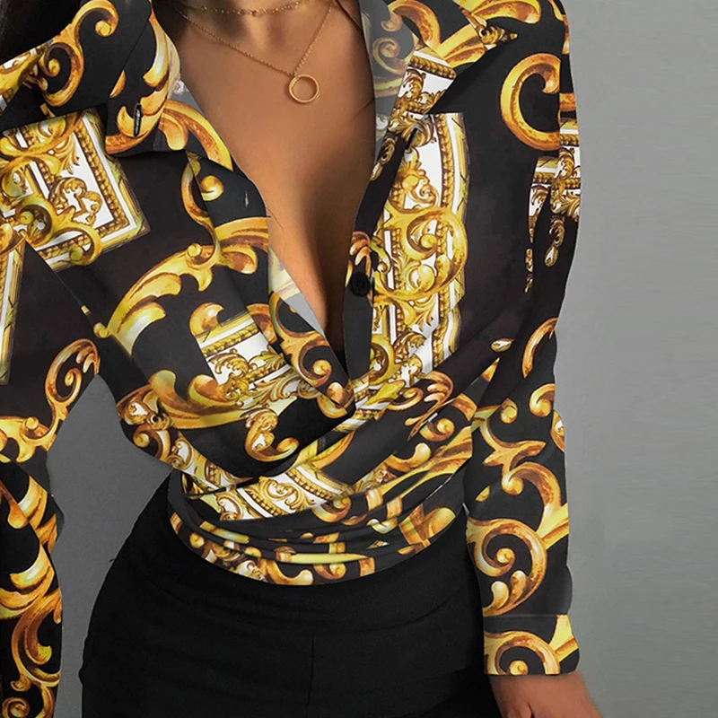 

Kalenmos African Sexy Pattern Print Blouse Shirt Spring Single Breasted Button Women Tops Autumn Long Sleeve Draped Office Blusa