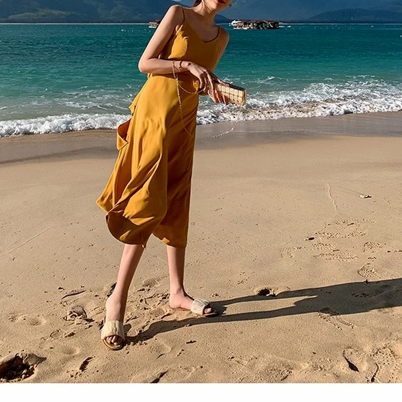 

Summer Fairy Yellow Dress for Women Casual Bohemian Vacation Outfits Thin High Waist A-line Elegant Party Beachwear Solid Color