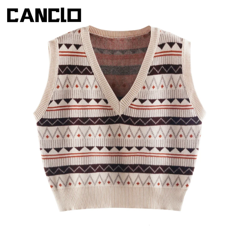 

Fall Winter 2021 Woman Fashion Geometric Pattern Sweater Vest Y2k Aesthetic Vintage Knitted Pullover Tank Top Female Clothing