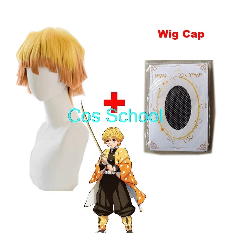 Zenitsu Cos School Demon Slayer Kimetsu no Yaiba Nezuko Tanjirou Kamado, парики Zenitsu Agatsuma для косплея, аниме, парик+ шапки - Цвет: Zenitsu