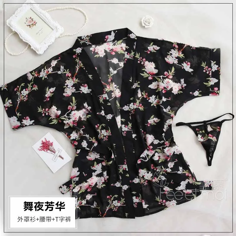 

Ambiguous Sexy Lingerie Bathrobe Transparent Pajamas Japanese Chiffon Printed Kimono Uniform