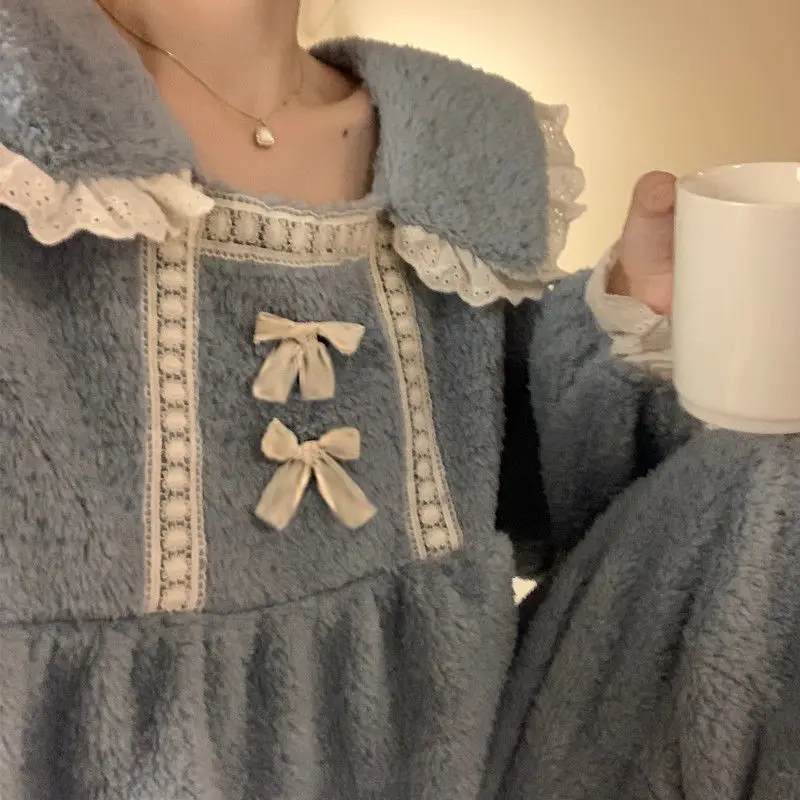 New Style Pajamas Women's Autumn and Winter Coral Plush Thickened Plush Lovely Warm Flannel Home Suit   Pajamas for Teen Girls