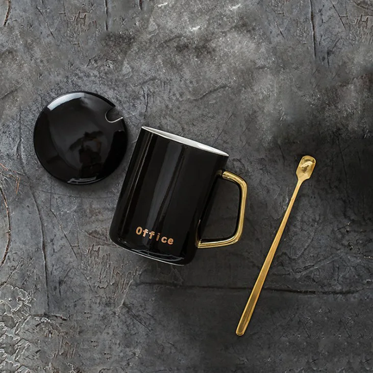 Nordic breakfast cup simple coffee with lid spoon couple mug gold handle ceramic logo | Mugs