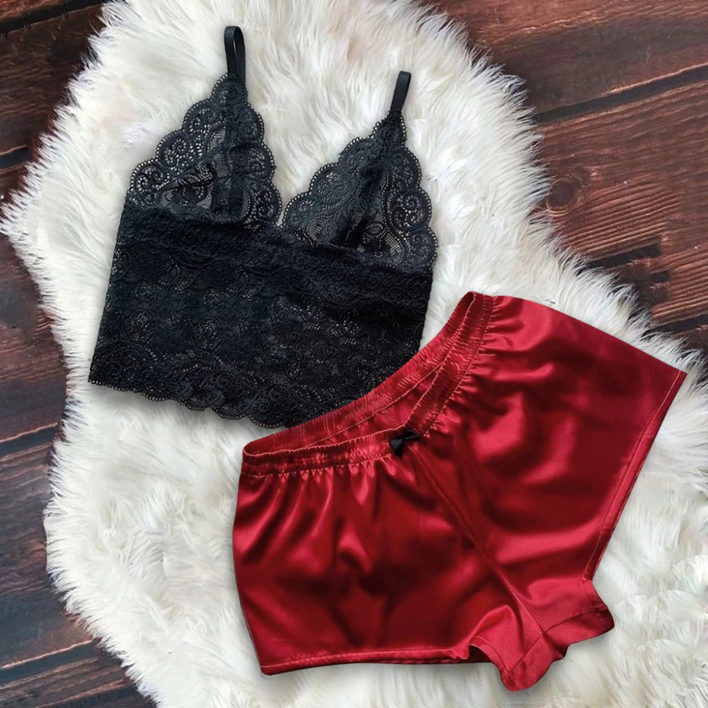 

Women Satin Lace V-Neck Camisole Bowknot Shorts Pajamas Set Loose Casual Sleepwear Lingerie pijamas verano mujer