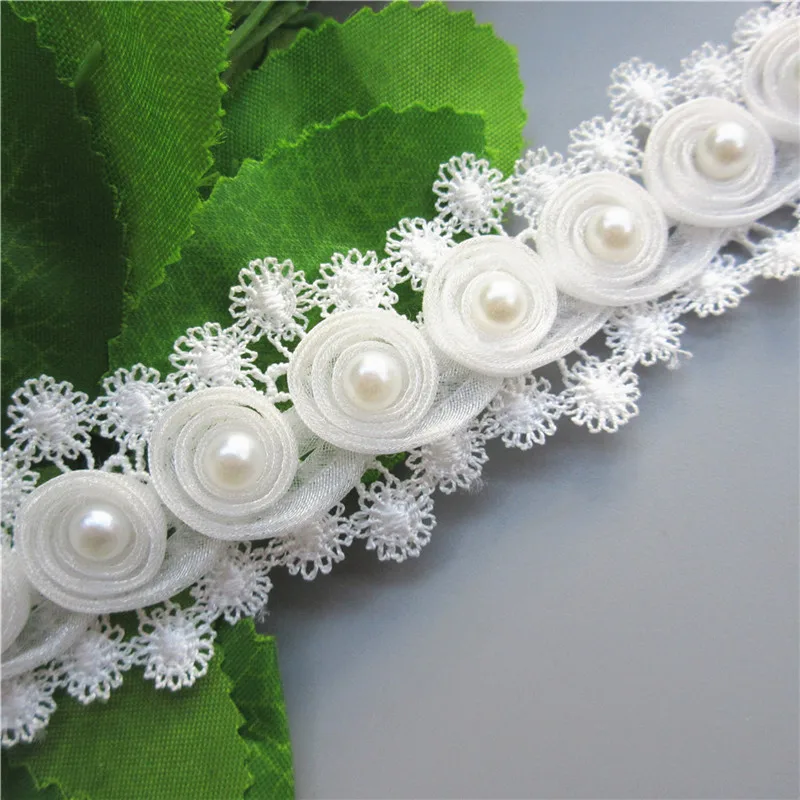 1 ярд белый двойной жемчуг розы цветы вышитые кружева отделка Лента для
