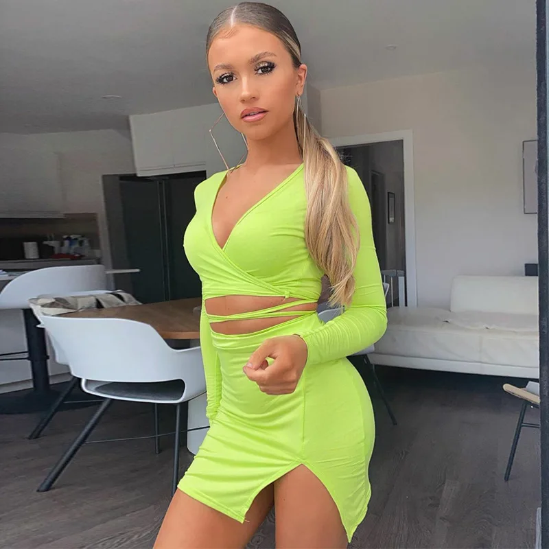 

Women\u2019s Clothes Set Solid Autumn Spring Long Sleeve Cross Bandage Exposed Navel Short Crop Top High-waist Split Skirt Suit