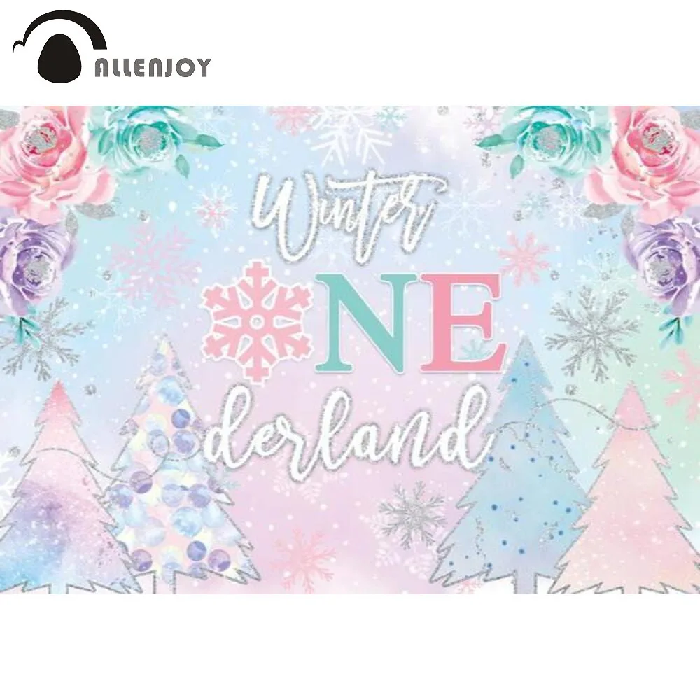 

Allenjoy Winter Onederland Backdrop Girl Birthday Baby Shower Party Banner Colorful Flower Pine Tree Snowflake Decor Background