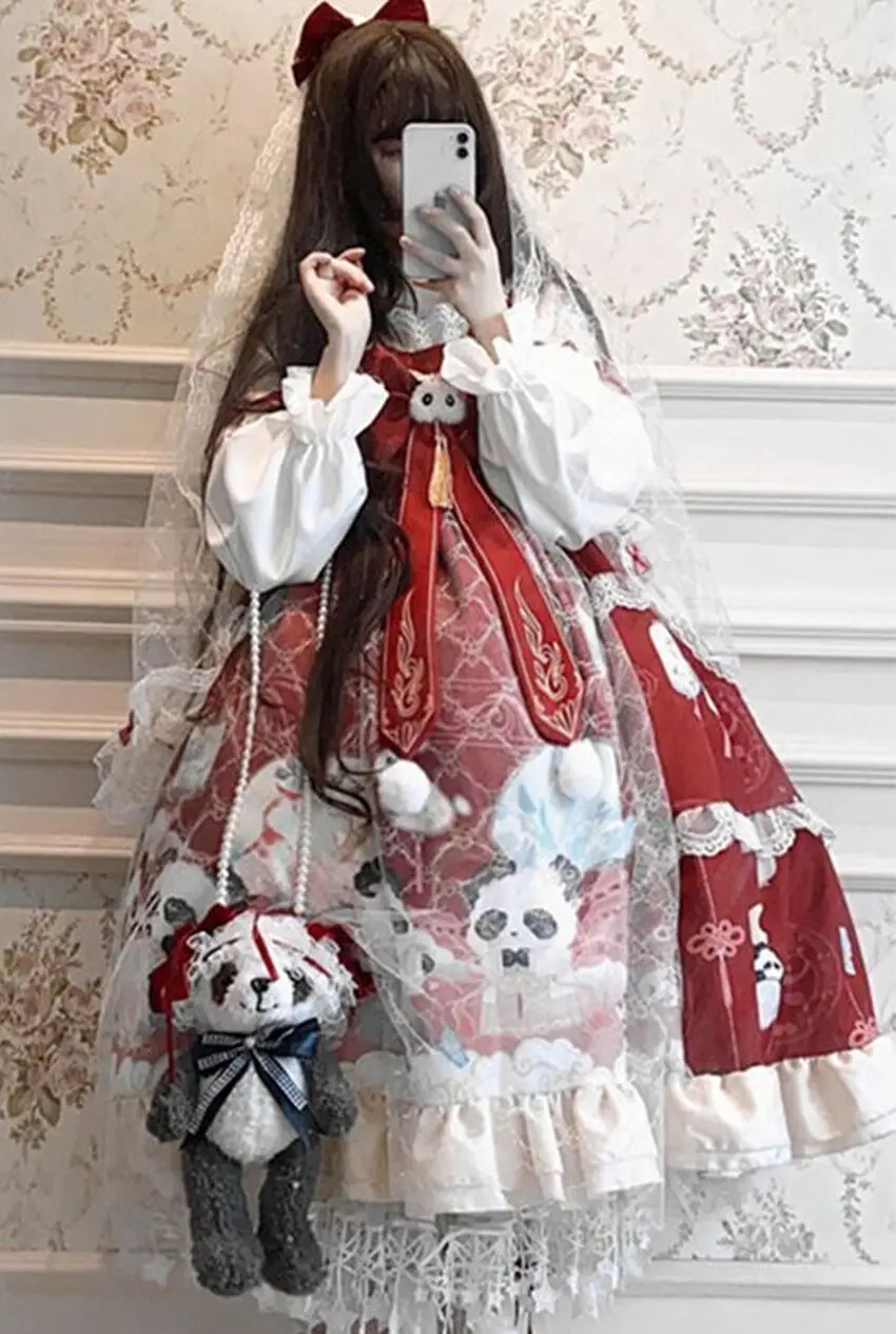 

Chinese Style Student Hanfu Retro Chinese Sweet Lolita Victorian Printing Kawaii Girl Loli Cos Gothic Lolita Kimono Lo Dress