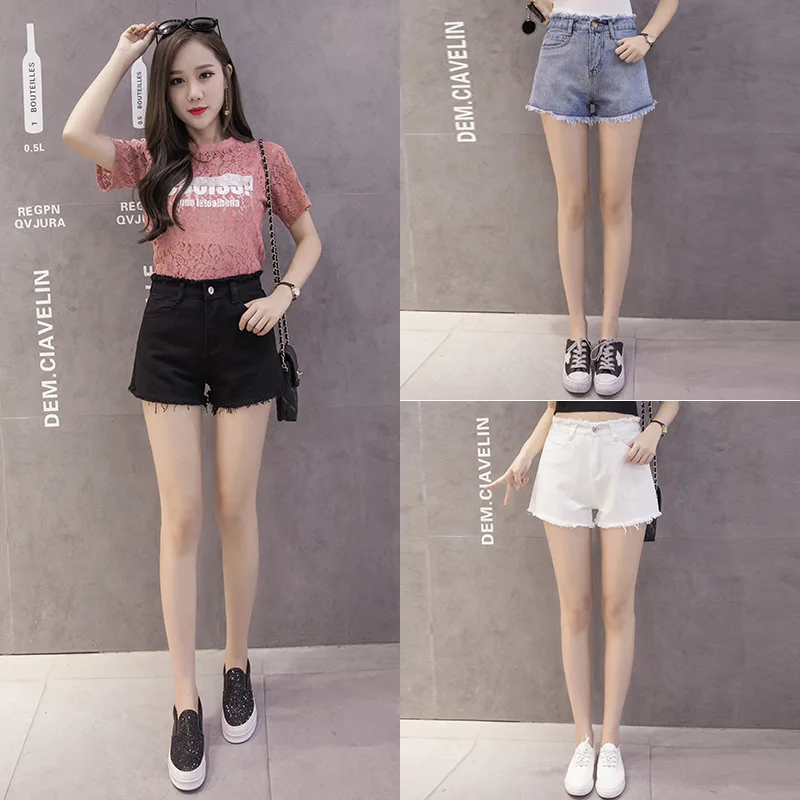 

Denim Shorts Women's Spring and Summer New High-waist Flow Jeans Black Raw Fringe Fringed Wild Thin Women's Shorts