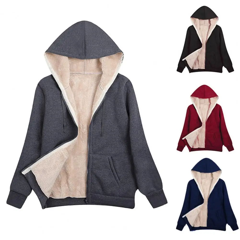 

Women Hoodie Coat Solid Color Plush Hooded Warm Winter Jacket for Daily Wear