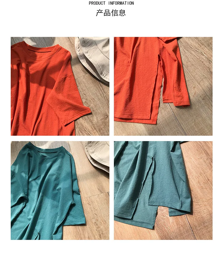 

Korea Style Cotton Loose Mid-Long T Shirt Women Summer High Quality Irregular Split Tees Top Wear Solid Color