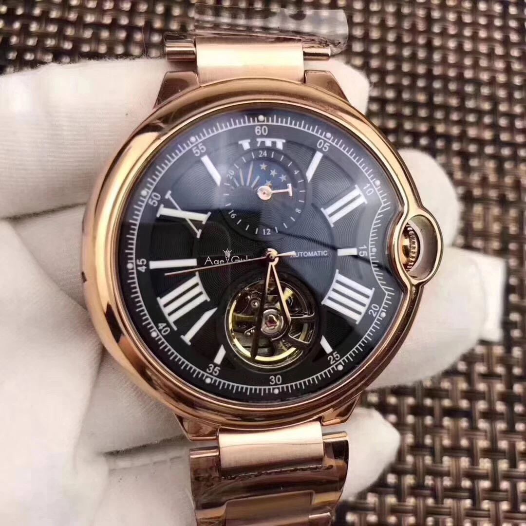 

Classic New Automatic Mechanical Men Watch Leather Silver Rose Gold Transparent MoonPhase Watches Black Blue Tourbillion