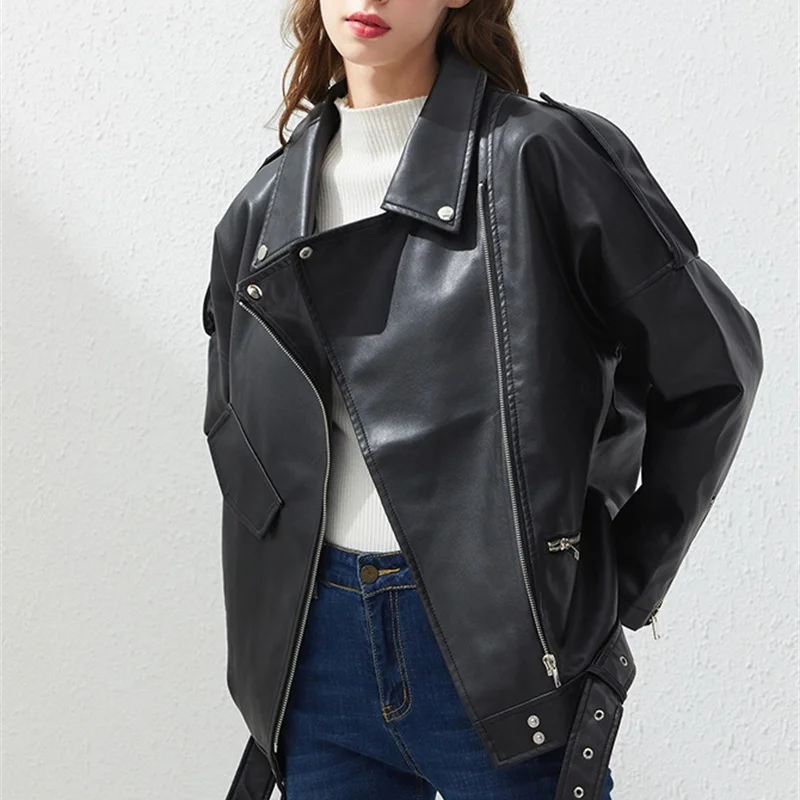

Women's loose belt casual jacket casual women's BF style black leather jacket