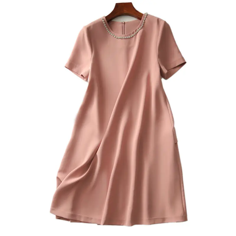 

Pink Dress Women 2021 Korean O-neck Short Sleeve Beaded Elegant Dresses Ladies Casual Minimalist Dresses Female