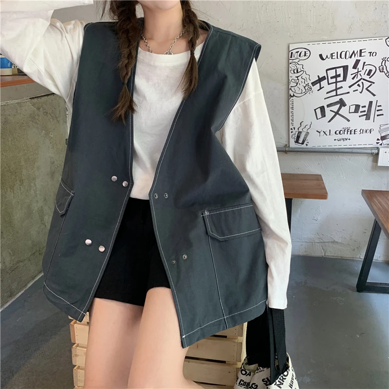 

Basic Jackets Women Chic Vintage V-neck Double Breasted Harajuku Teens Sleeveless Jacket All-match Daily BF Style Womens Outwear